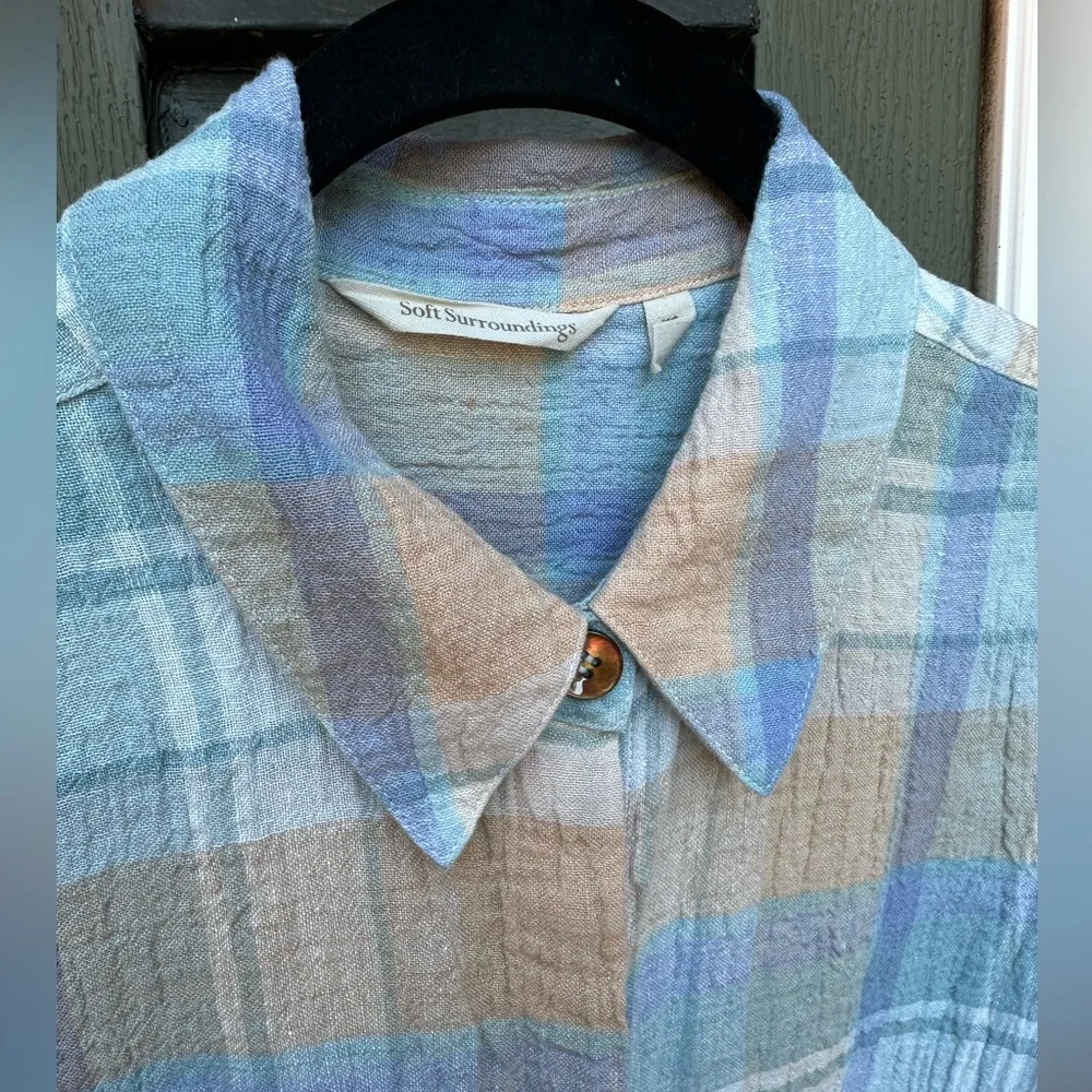 Soft Surroundings Women's Plaid Linen Button Down Shirt Top XS Blue Tan